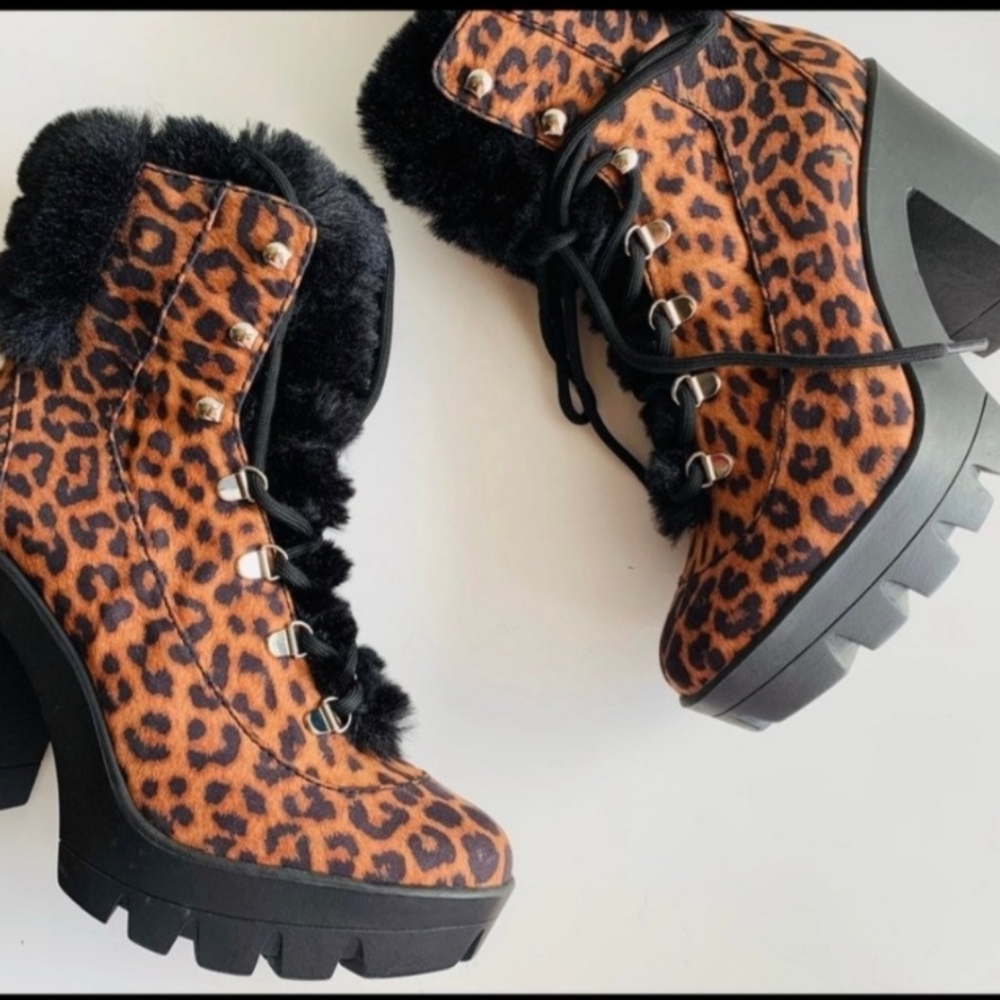 NIB Jessica Simpson Faux Fur Leopard  Platform Ankle Booties 6